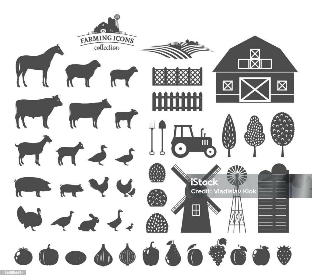 Vector farming icons and design elements Vector farm and farming icons and design elements. Farm animals collection. Fruits and vegetables icons Icon Symbol stock vector