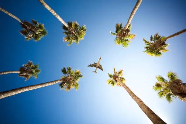 A stock photo of a Passenger plane flying high above the City of Los Angeles.