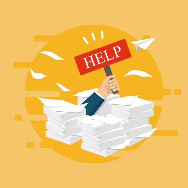 istock Overworked businessman under a paper pile, documents. Holding a HELP placard. Busy time, stress at work concept. Vector 860566982
