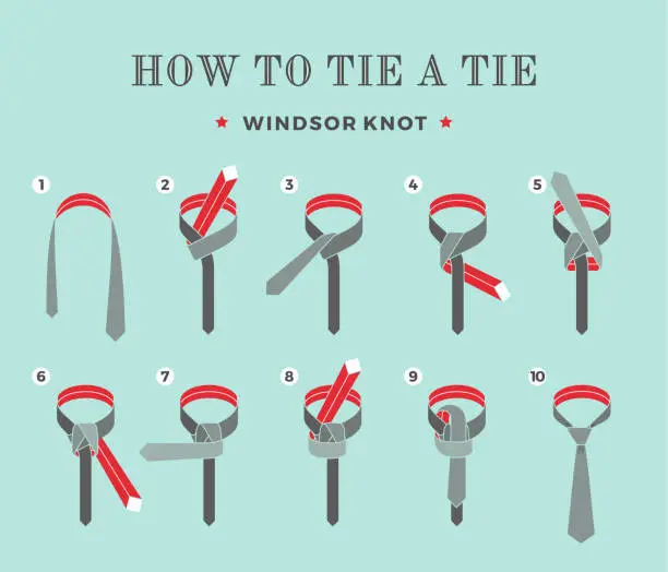 Vector illustration of Instructions on how to tie a tie on the turquoise background of the eight steps. Windsor knot . Vector Illustration.