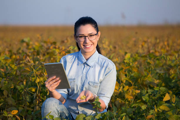 istock Agronomist with tablet in soybean field 860574790