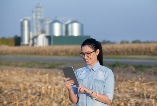 Agronomist with tablet and grain silos Pretty young woman holding tablet in field with grain silos in background. Agribusiness concept granary stock pictures, royalty-free photos & images
