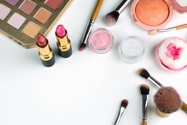 istock beauty concept : cosmetics top view on a white table. Workplace, cosmetic bag 860581624