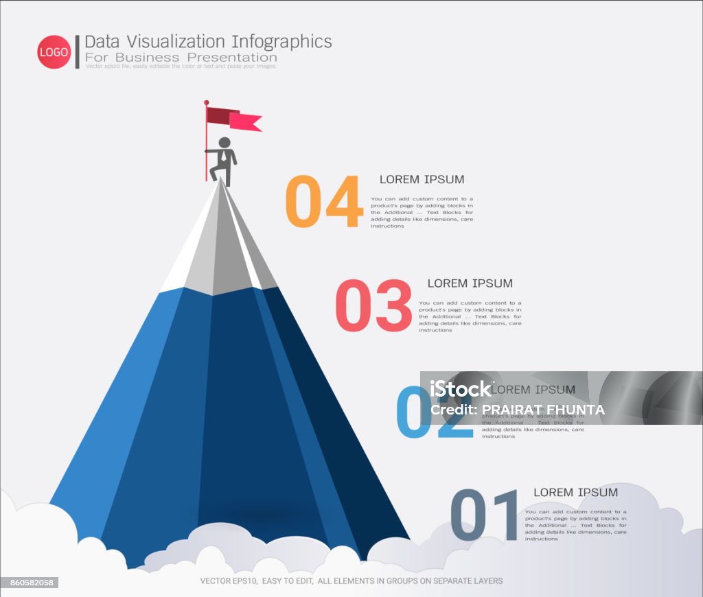 Business pyramid infographic template with four steps or options, Communicates data through charts, graphs, Make facts and statistics more interesting, Make data-driven arguments easier to understand. Infographic stock vector