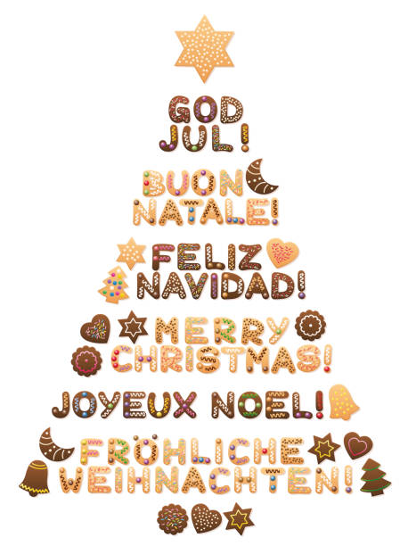 MERRY CHRISTMAS - written in swedish, italian, spanish, english, french and german language with cookies forming a sweet christmas tree. MERRY CHRISTMAS - written in swedish, italian, spanish, english, french and german language with cookies forming a sweet christmas tree. multiple christmas trees stock illustrations