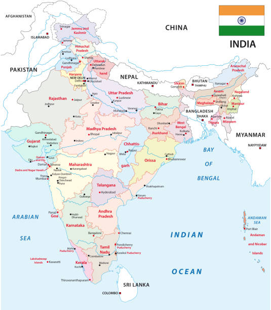 ilustraciones, imágenes clip art, dibujos animados e iconos de stock de mapa de las zonas administrativas y políticas de la india - india map cartography sri lanka