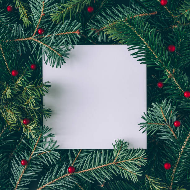 istock Creative layout made of Christmas tree branches with paper card note. Flat lay. Nature New Year concept. 860590610