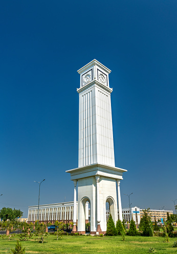 Clock tower at Al-Xorazmiy Park in Urgench, Uzbekistan. Central Asia