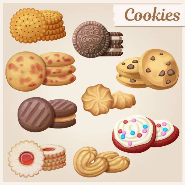 Vector illustration of Set of 9 delicious cookies. Cartoon vector illustration. Food sweet icons.
