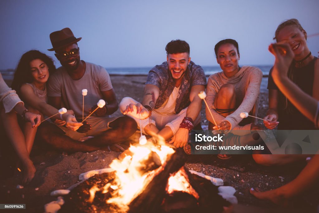 Young multi-ethnic friends roasting marshmallows on sticks at the beach Multi-ethnic hipster friends on summer holidays having fun roasting marshmallows by the sea at dusk Bonfire Stock Photo