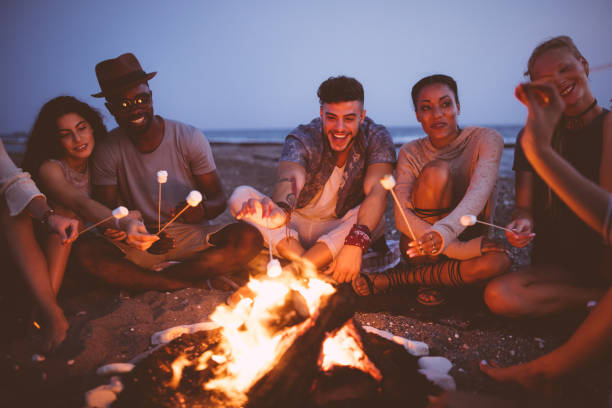 young multi-ethnic friends roasting marshmallows on sticks at the beach - friendly fire imagens e fotografias de stock