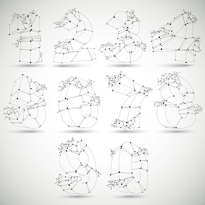 Abstract 3d faceted monochrome numbers with connected black lines and dots. Set of vector low poly shattered design elements with fragments and particles. Explosion effect, thread objects.