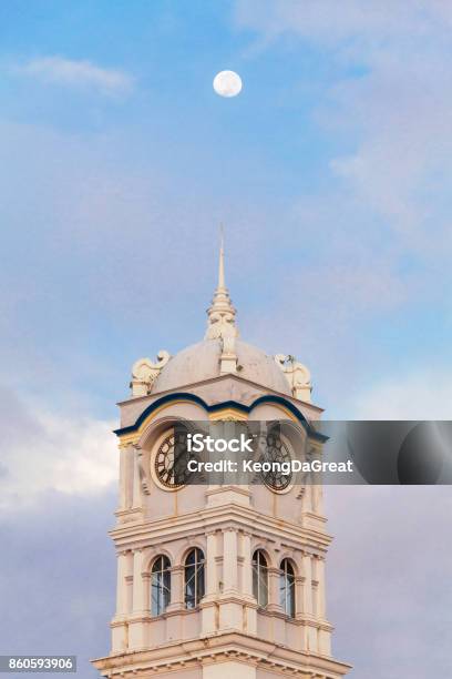 Close Up View Of Clock Tower With Blue Sky In George Town Penang Stock Photo - Download Image Now