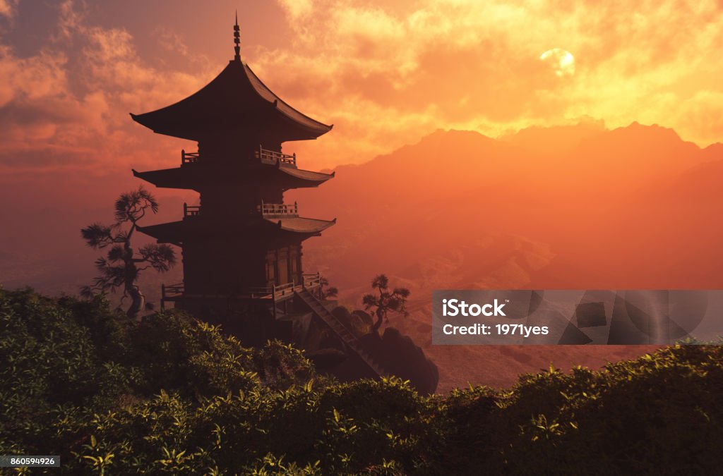 Chinese house Chinese house in the mountains.,3d render Chinese Culture Stock Photo