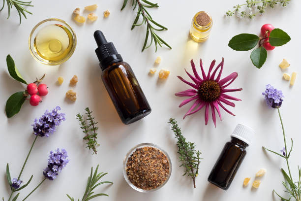 istock Selection of essential oils and herbs 860595328