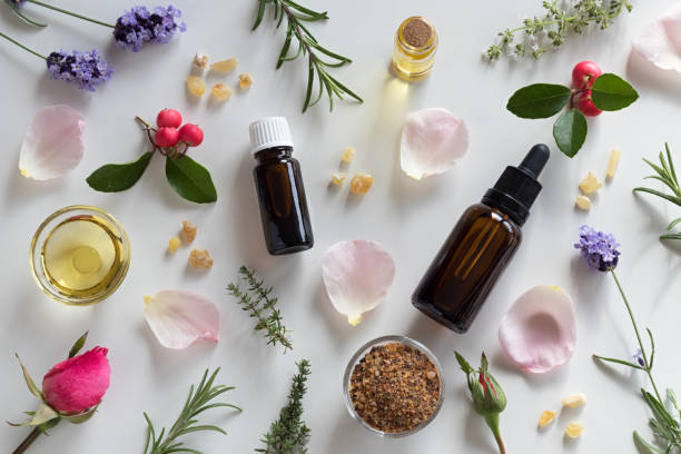 istock Selection of essential oils and herbs 860597806