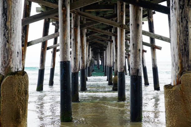 istock Closeup shot under pier with calm blue sea 860601586