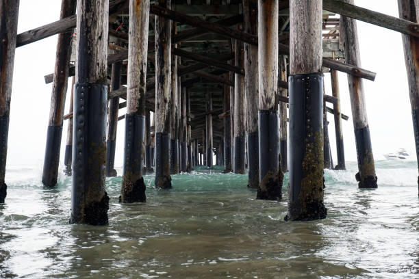 istock Closeup shot under pier with calm blue sea 860602082