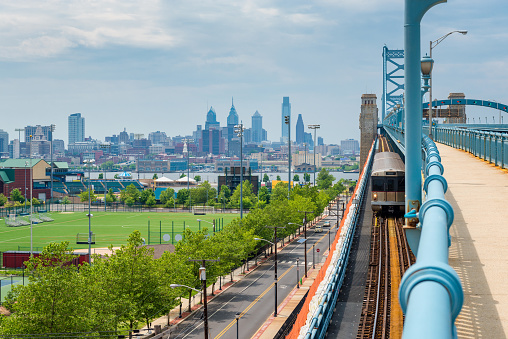 Skyline of Philadelphia, Pennsylvania, USA as seen from Camden New Jersey, featuring the Delaware River and Benjamin Franklin Bridge.