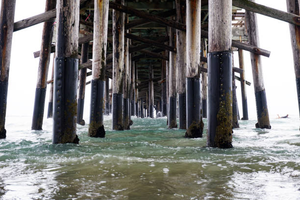 istock Closeup shot under pier with calm blue sea 860602484