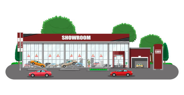 Exhibition pavilion, car dealership Exhibition pavilion, showroom or dealership. Car showroom building. Car center or store. Auto service and shop. Vector illustration in flat style glass showroom stock illustrations