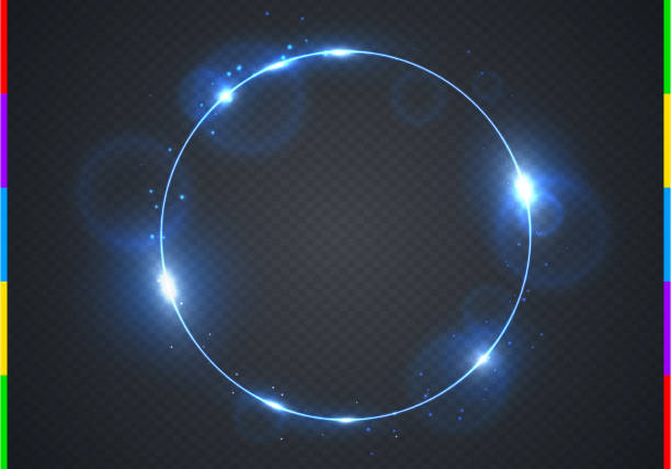Vector electric blue frame with light effect flare and sparks. Shining round Christmas cold banner. Frozen glow ring isolated on black transparent background. Vector illustration Light effect ring on transparent background light effect stock illustrations