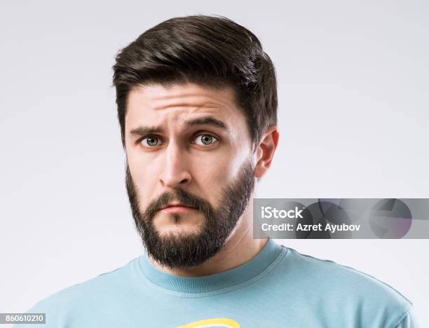 Emotions Of Bearded Man Stock Photo - Download Image Now - Human Face, Men, Suspicion