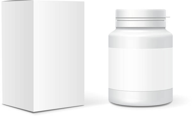 lek puste plastikowe butelki, kartonowe pudełko na opakowania. realistyczny wektor - bottle vitamin pill nutritional supplement white stock illustrations