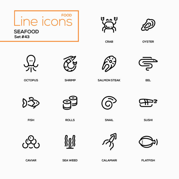 ilustrações de stock, clip art, desenhos animados e ícones de seafood concept - line design icons set - sea ideas concepts crab