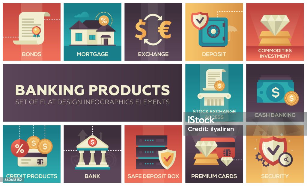 Banking products - set of flat design infographics elements Banking products - set of flat design infographics elements. Bonds, mortgage, exchange, safe deposit box, commodities investment, stock exchange access, cash, credit, premium cards, security Bonding stock vector