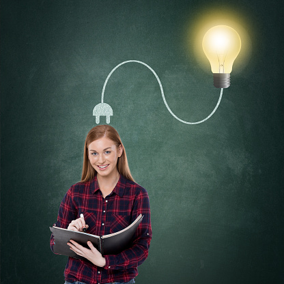 Portrait of businesswoman writing on diary with light bulb plugged on her head