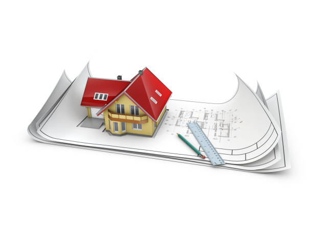 istock 3d Illustration of Top view of architect drawing on architectural project 860629242