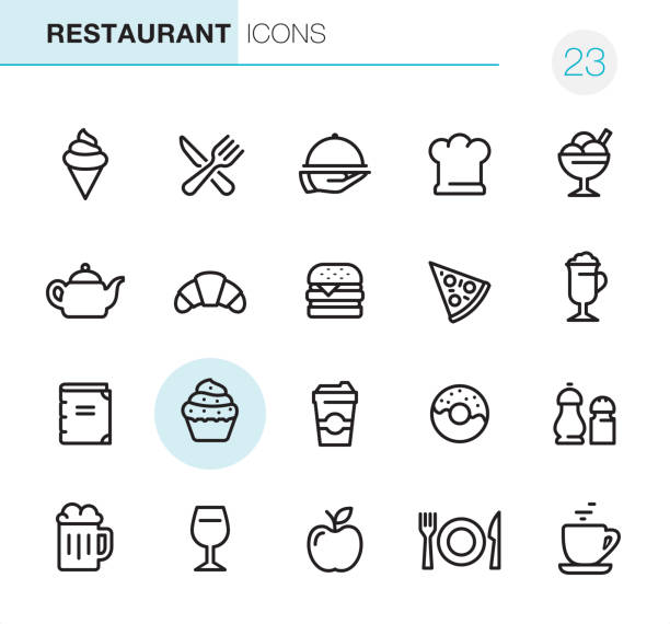 ilustraciones, imágenes clip art, dibujos animados e iconos de stock de restaurante - los perfectos iconos pixel - cooking clothing foods and drinks equipment