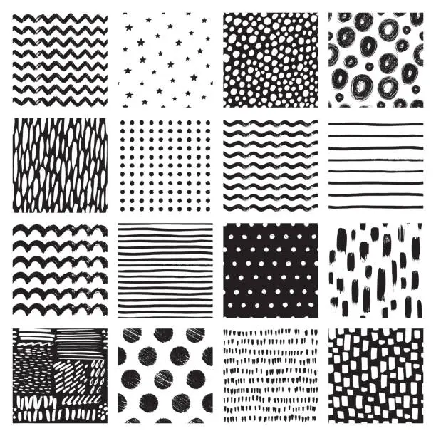 Vector illustration of Seamless patterns with hand drawn scribble and spot. Black and white abstract background. Vector texture.