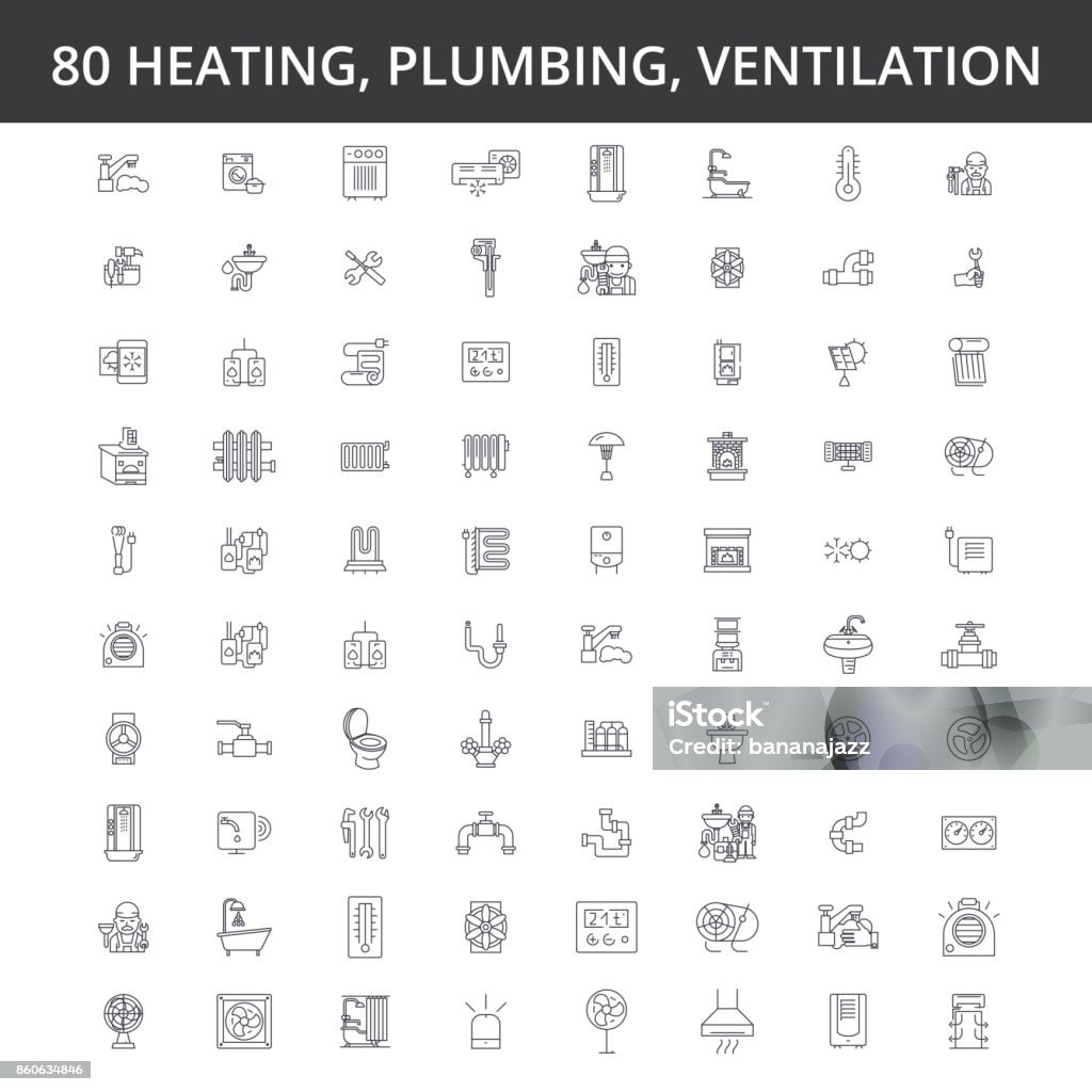 Hvac, heating, air conditioning, ventilation, plumbing service, boiler, home conditioner, engineering, radiator line icons, signs. Illustration vector concept. Editable strokes Hvac, heating, air conditioning, ventilation, plumbing service, boiler, home conditioner, engineering radiator line icons signs Illustration vector concept Editable strokes Air Conditioner stock vector