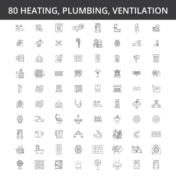 Hvac, heating, air conditioning, ventilation, plumbing service, boiler, home conditioner, engineering, radiator line icons, signs. Illustration vector concept. Editable strokes Hvac, heating, air conditioning, ventilation, plumbing service, boiler, home conditioner, engineering radiator line icons signs Illustration vector concept Editable strokes appliance repair stock illustrations