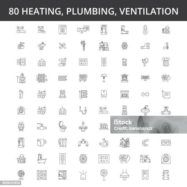 Hvac Heating Air Conditioning Ventilation Plumbing Service Boiler Home Conditioner Engineering Radiator Line Icons Signs Illustration Vector Concept Editable Strokes Stock Illustration - Download Image Now
