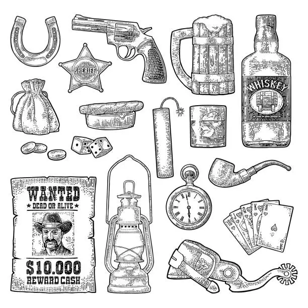 Vector illustration of Set with Wild West and casino symbols. Vector vintage engraving black illustration