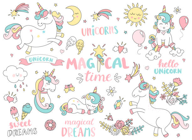 illustrazioni stock, clip art, cartoni animati e icone di tendenza di set di unicorni e altri elementi magici. - falling star illustrations