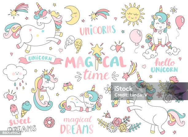 Set Of Unicorns And Other Magic Elements Stock Illustration - Download Image Now - Unicorn, Cute, Rainbow