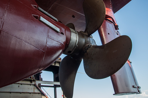 View of rudder and propeller, picture taken in dry dock in Germany