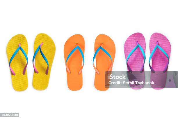 Yellow Orange Pink Flip Flops Isolated On White Background Top View Stock Photo - Download Image Now