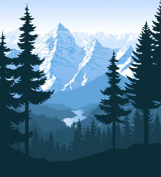 Vector illustration of vector morning in beautiful mountains forest with river