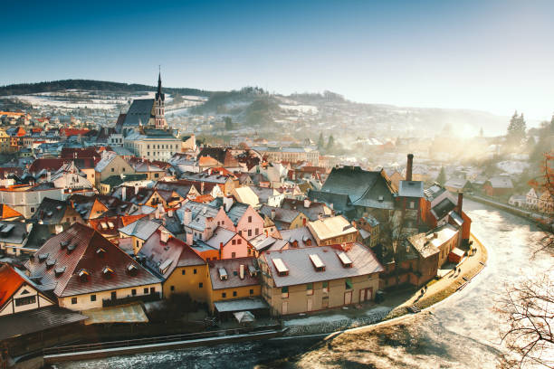 istock Panoramic view of Cesky Krumlov in winter, Czech Republic. 860664310
