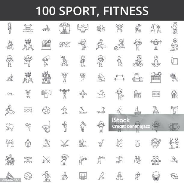 Ilustración de Deporte Fitness Futbol Karate Fútbol Hockey Estilo De Vida Saludable Culturismo Boxeo Béisbol Baloncesto Esquí Natación Los Iconos De La Línea Señales Concepto De Vector De Ilustración Movimientos Editables y más Vectores Libres de Derechos de Deporte