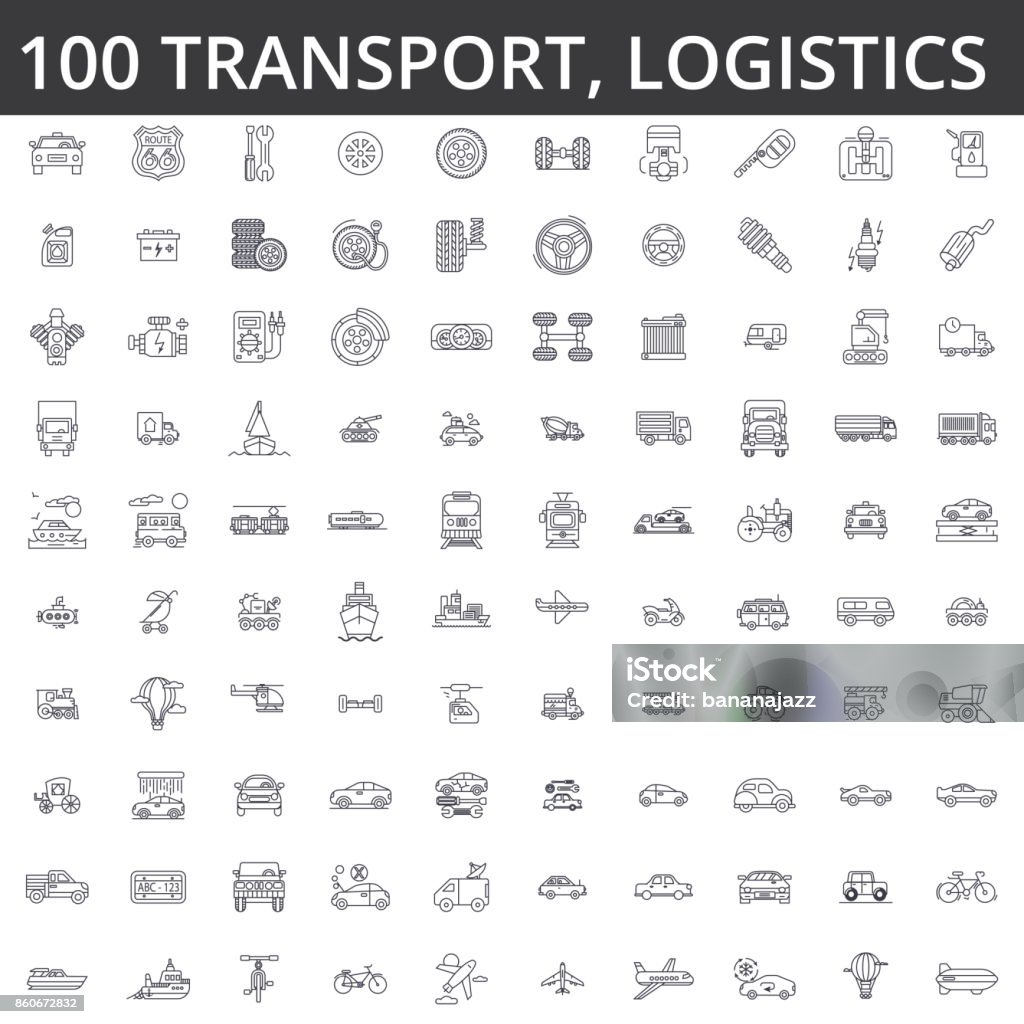 Transportation, car, logistics, vehicle, public transport, bus, tram, ship, shipping, auto service, truck line icons, signs. Illustration vector concept. Editable strokes Transportation, car, logistics, vehicle, public transport, bus, tram, ship, shipping auto service truck line icons signs Illustration vector concept Editable strokes Mode of Transport stock vector