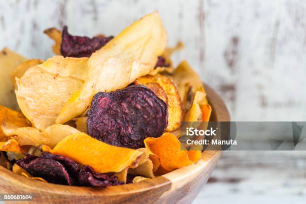 Bowl Of Healthy Snack From Vegetable Chips Crisps Stock Photo - Download Image Now - Potato Chip, Vegetable, Healthy Eating