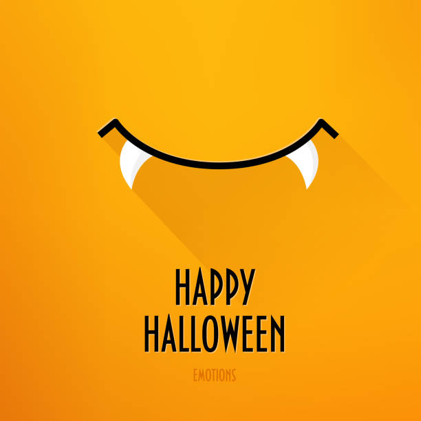 szczęśliwa karta halloween z uśmiechem wampira i tekstem z życzeniami na pomarańczowym tle. płaska konstrukcja. wektor. - vampire stock illustrations