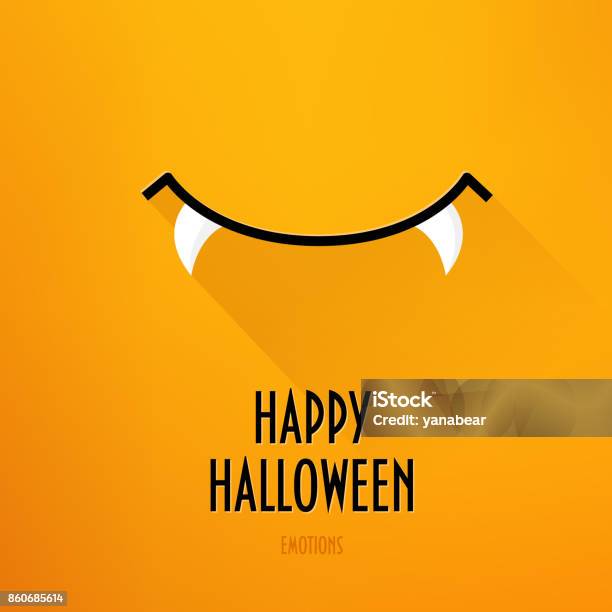 Happy Halloween Card With Vampires Smile And Greeting Text On Orange Background Flat Design Vector Stock Illustration - Download Image Now