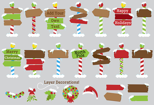 Cute Vector Collection of North Pole Signs or Christmas and Winter Themed Signs. No gradients or transparencies used. Large JPG included.
